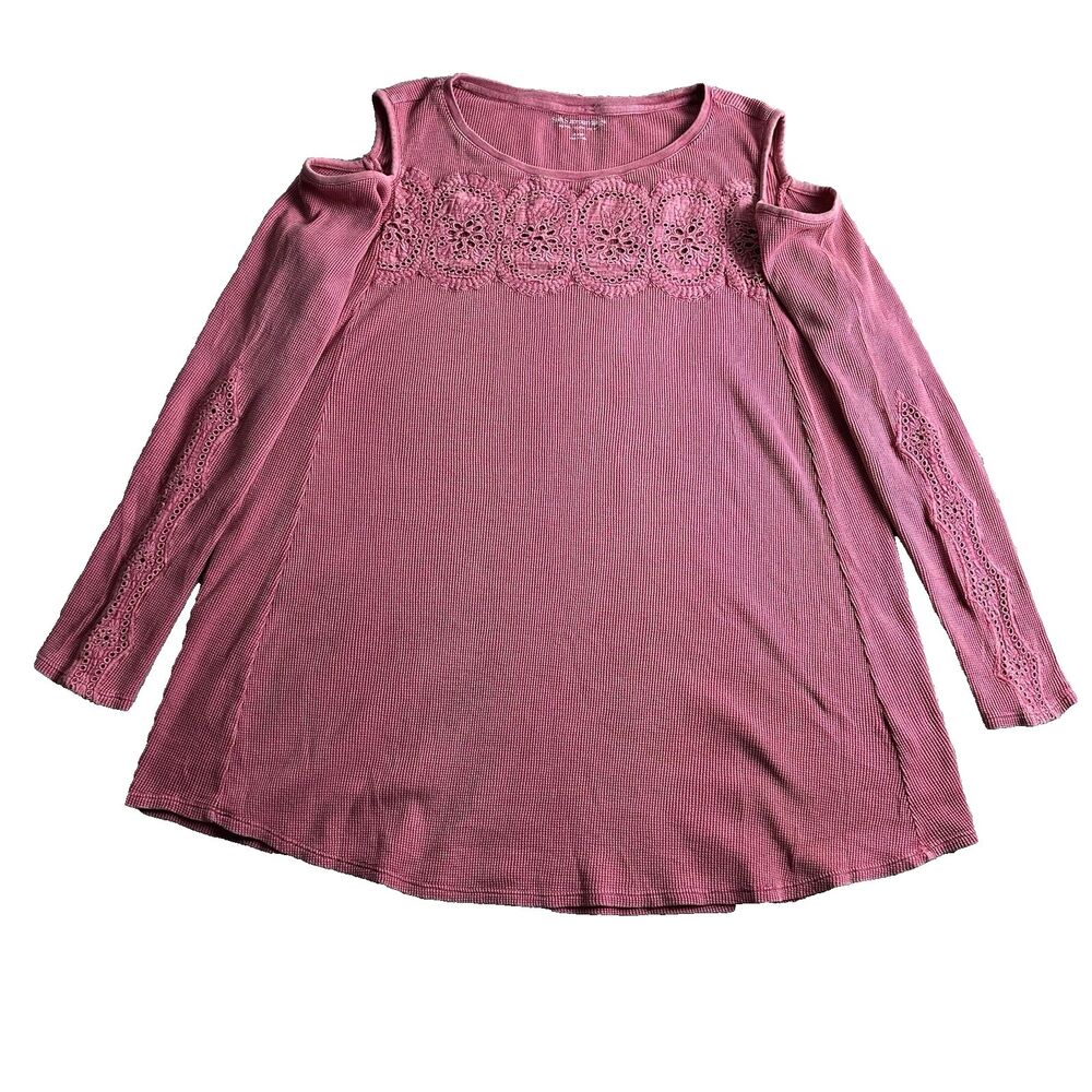 Soft Surroundings Womens Cold Shoulder Thermal Top L Boho Lace Tunic Pink Cotton